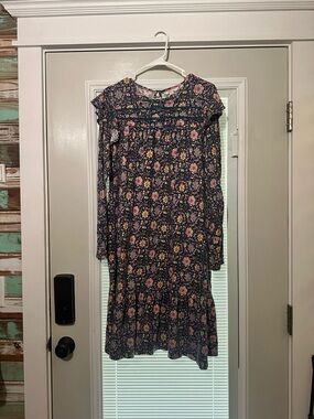 Boden Navy Floral Long Sleeve Ruffle-Yoke Dress